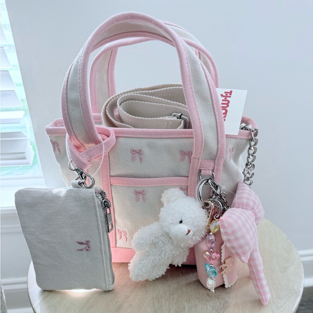 Pink and Cream Kids Tote Bag with Teddy Bear Charm